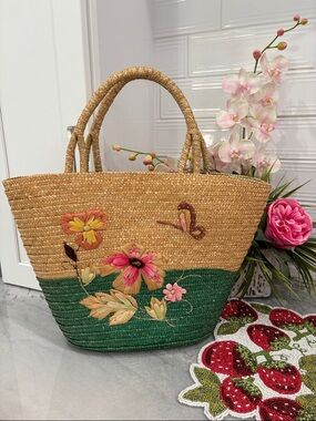 Vintaage Woven Straw Tote Bag with butterfly, Green Base and Floral Embroidery